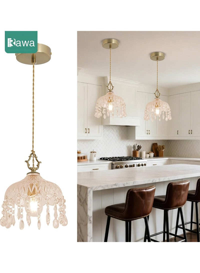 Rawa Small Vintage Crystal Pendant Light Kitchen Island,French Brass Glass Mini Hanging Light,Adjustable Height Single Light Fixture, Gold Antique Chandelier for Bathroom,Dining Room,Bedroom(one pcak) - Image 1